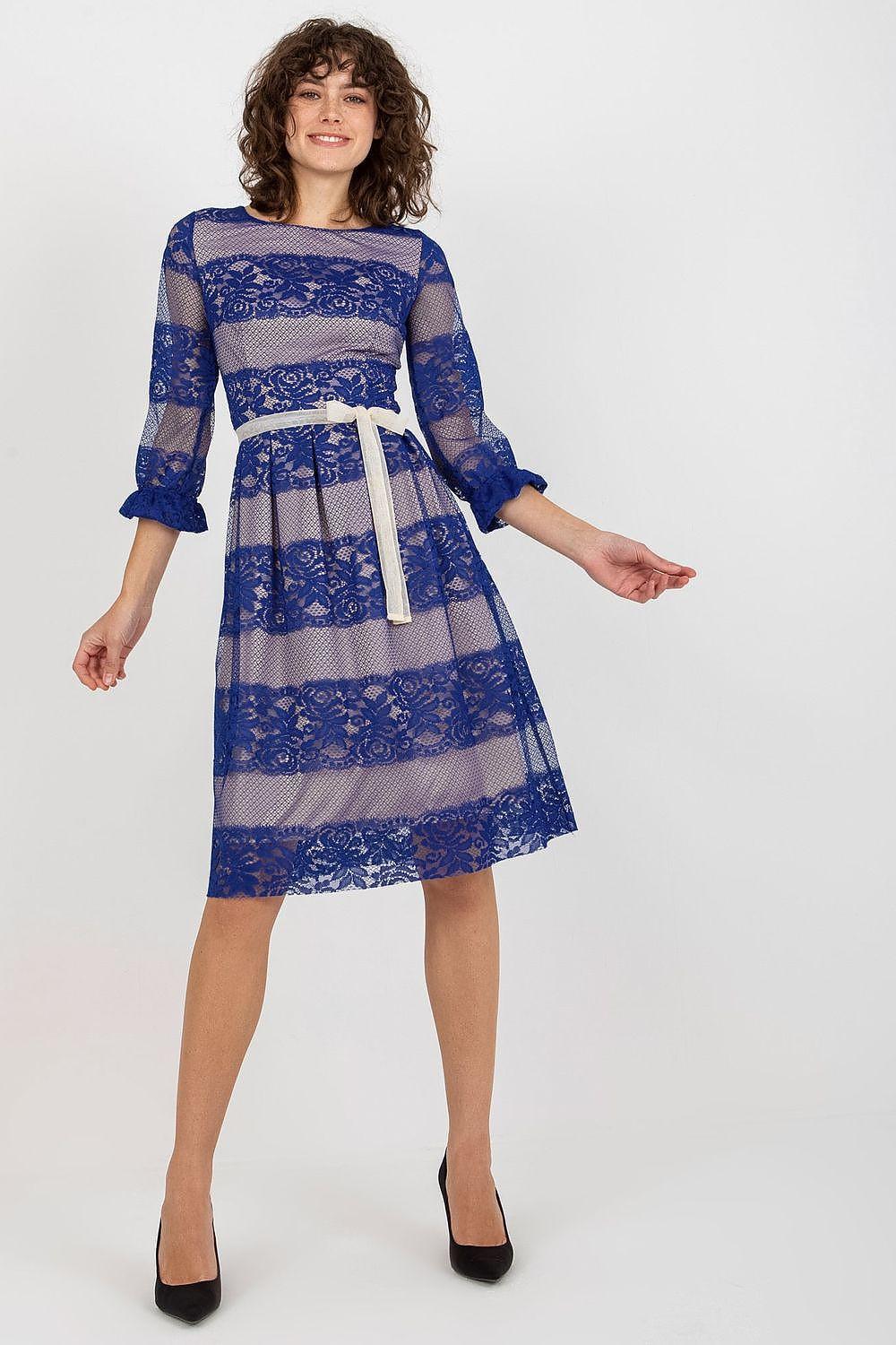 Blue lace 3/4-sleeve evening dress with lace overlay and waist tie belt