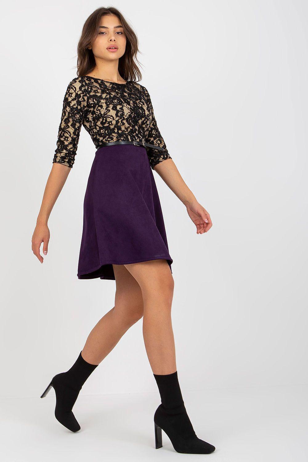 Violet evening dress with black lace 3/4 sleeves and flared skirt