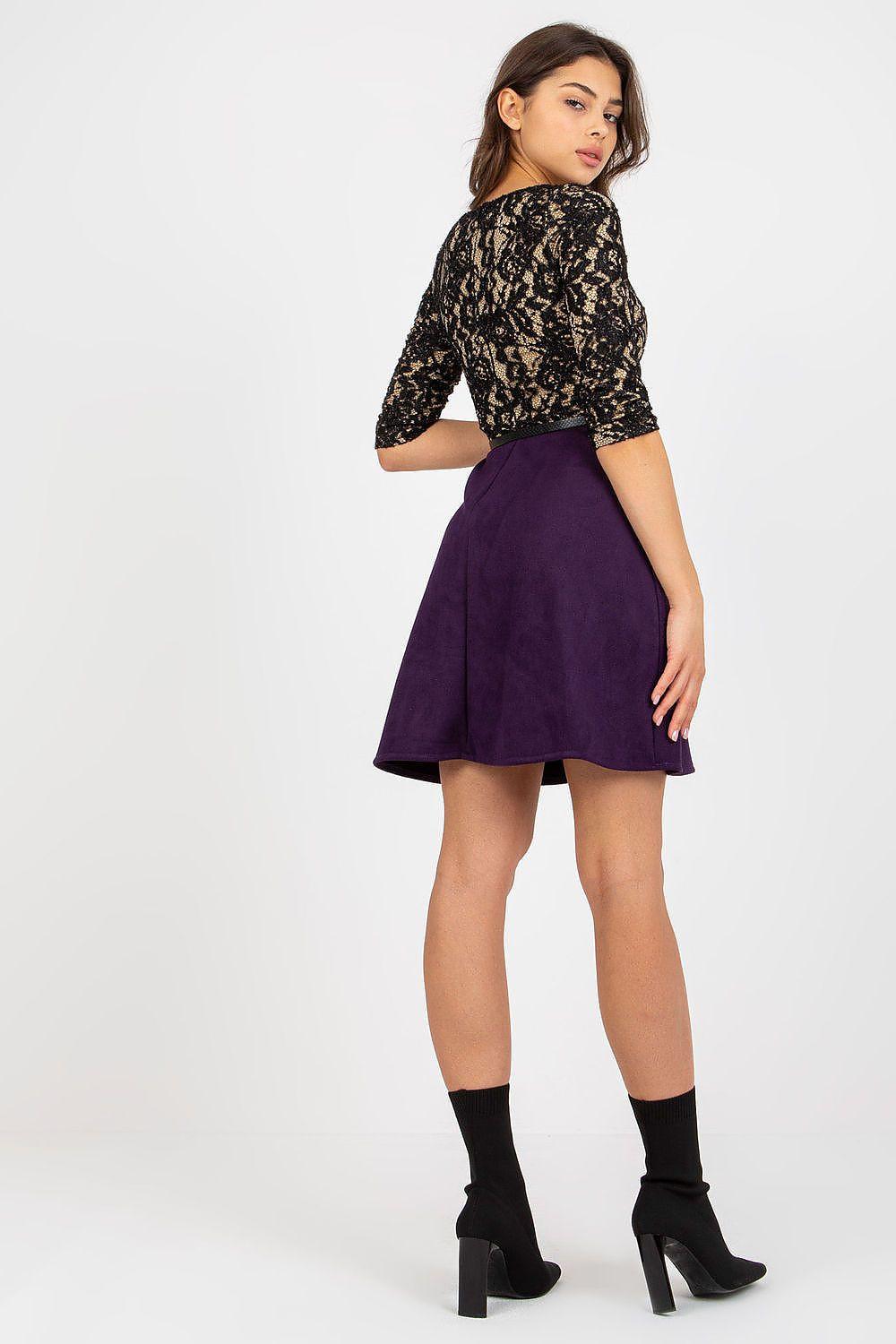Violet evening dress with black lace boat neckline and flared skirt