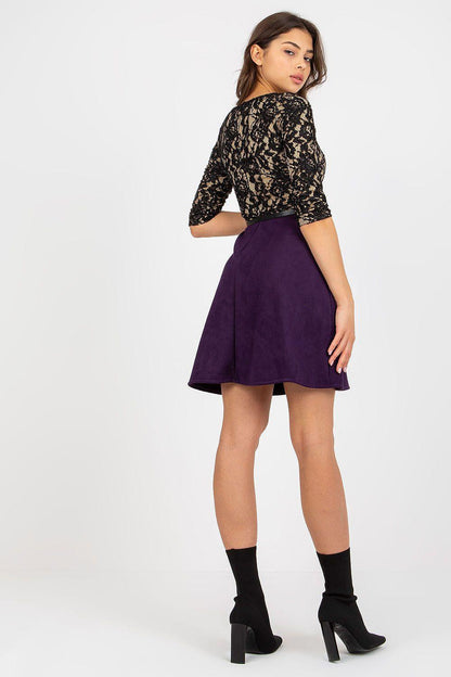 Violet evening dress with black lace boat neckline and flared skirt