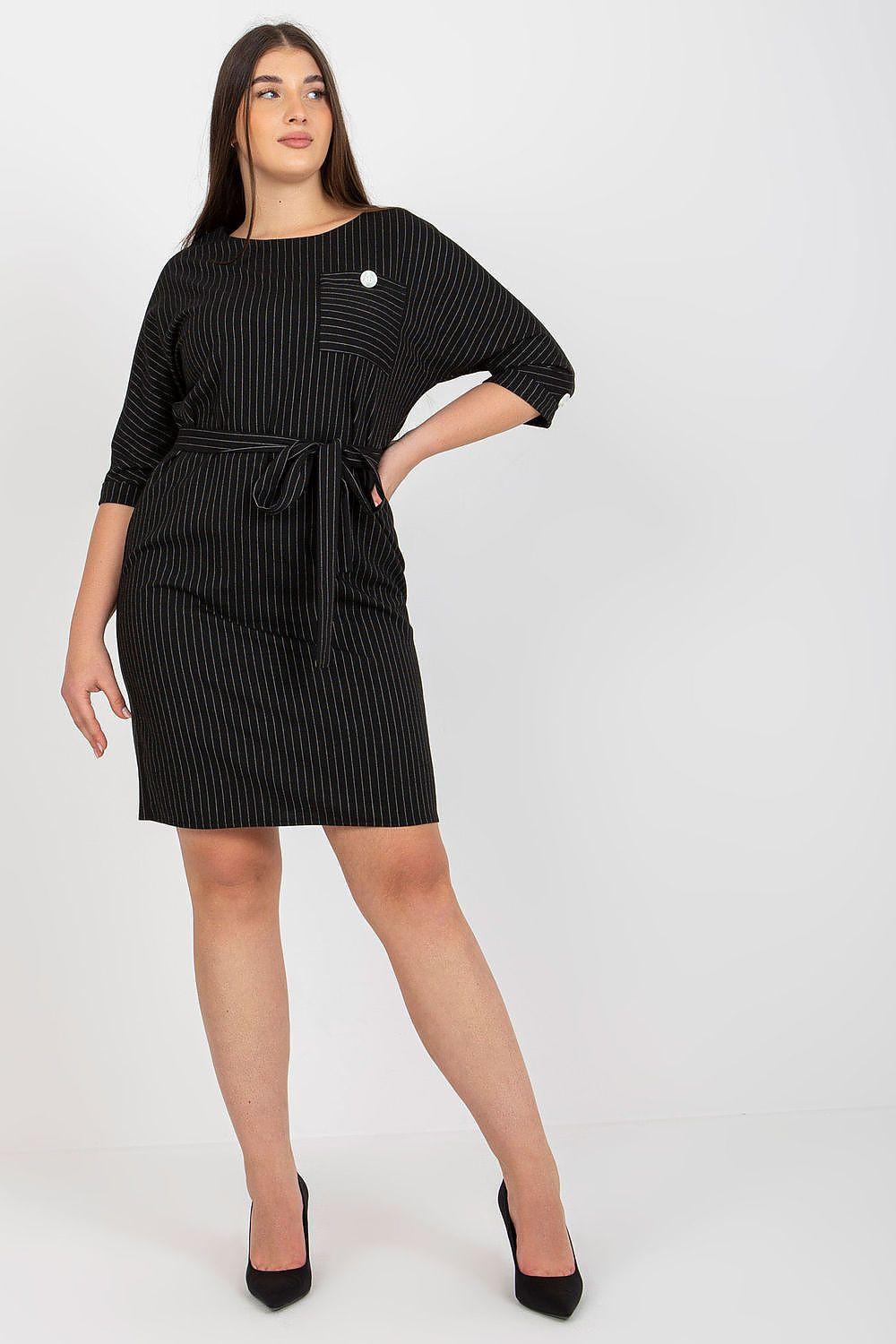 Plus-size striped pencil dress with tie waist, black, 3/4 sleeves