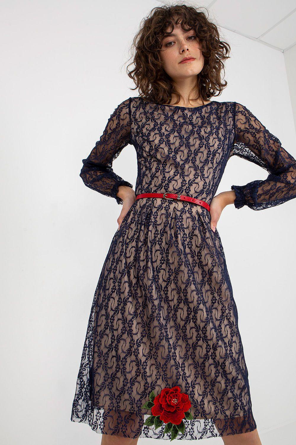 Navy lace evening dress with long sleeves, red waist belt, floral embroidery