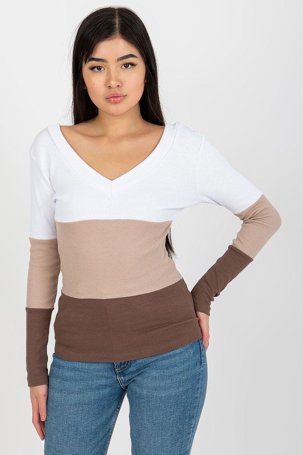 Color-block blouse with V-neck, white and brown long sleeves, fitted stretch knit