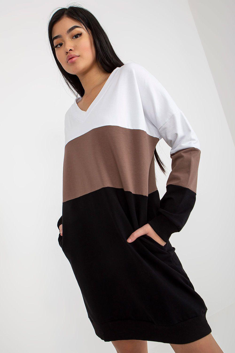 Color-block daydress, V-neck, white top with dark brown and black panels