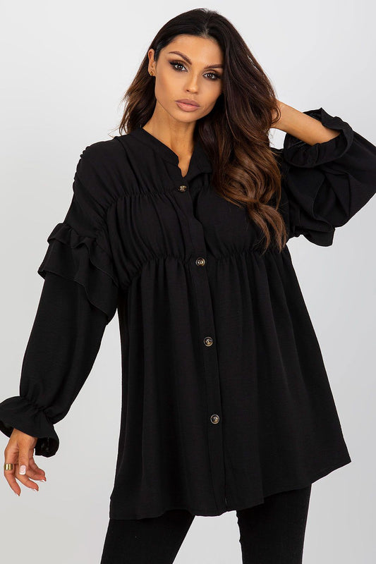 Black long sleeve ruffle shirt with button front and gathered yoke