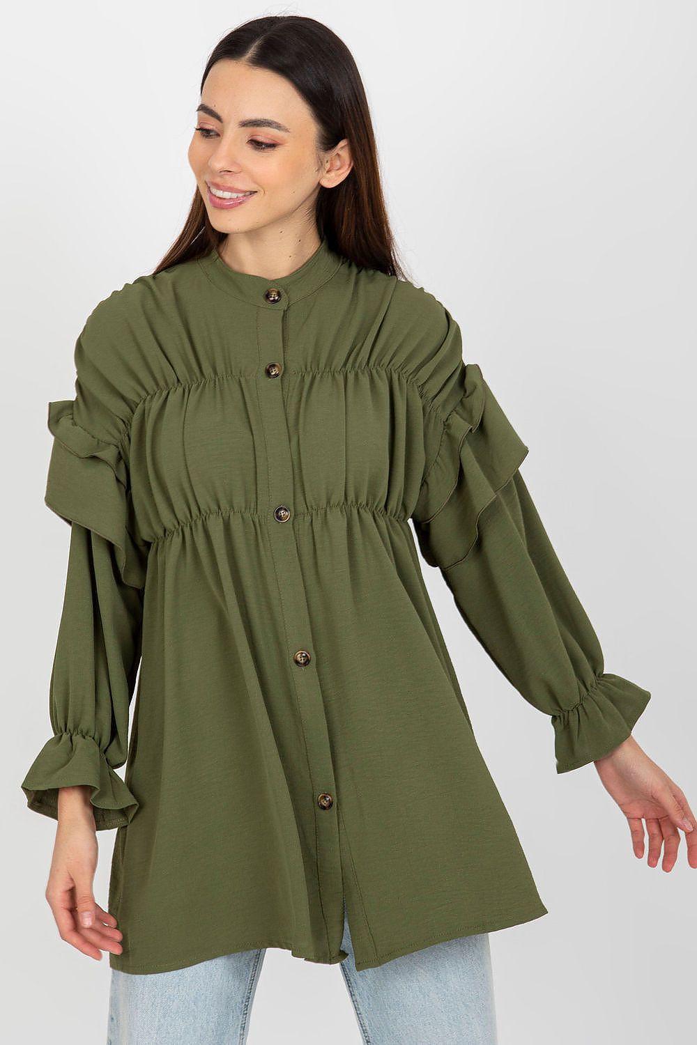 Green long-sleeve shirt with button front, gathered yoke, and ruffled sleeves