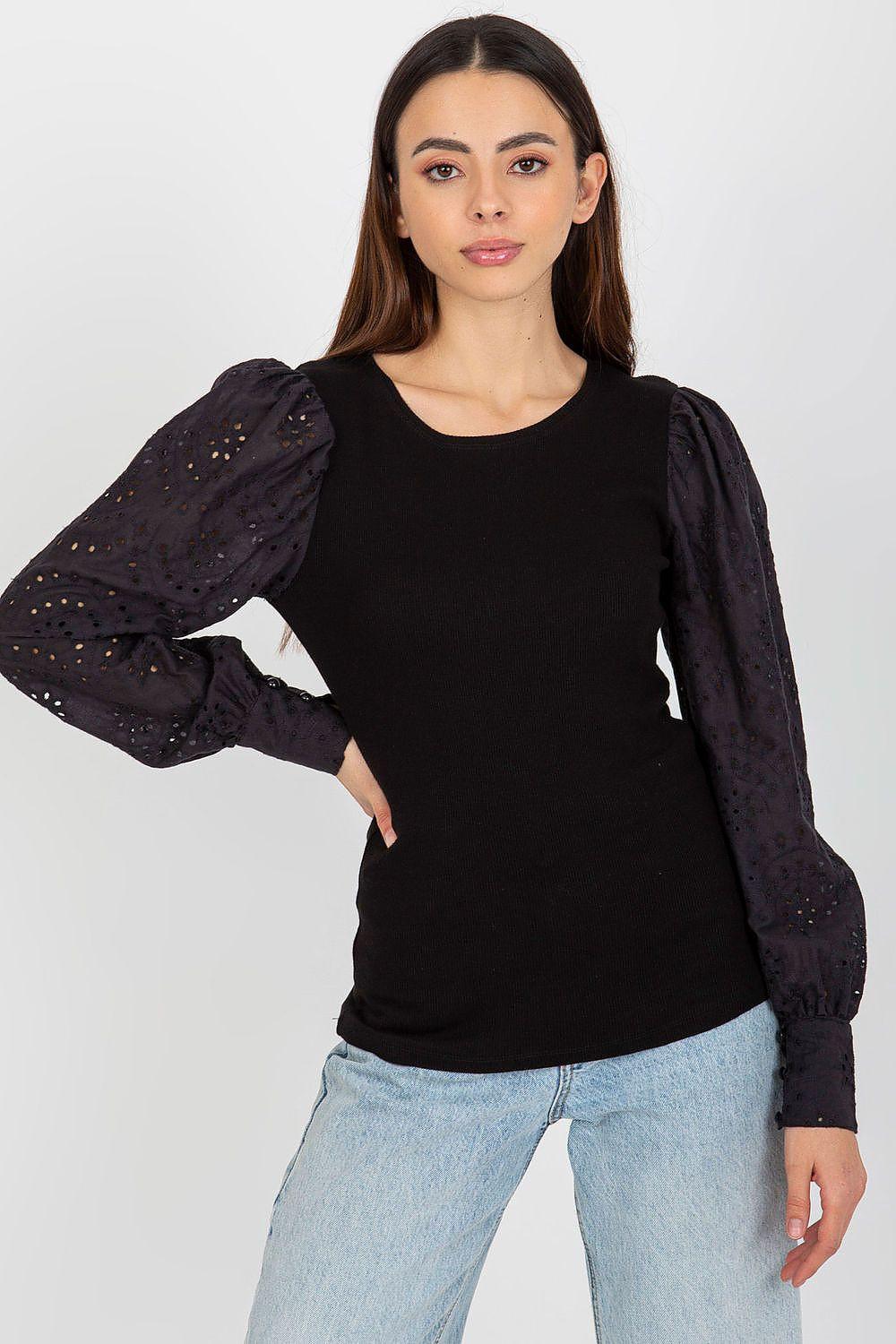 Black blouse with openwork puff sleeves and round neckline