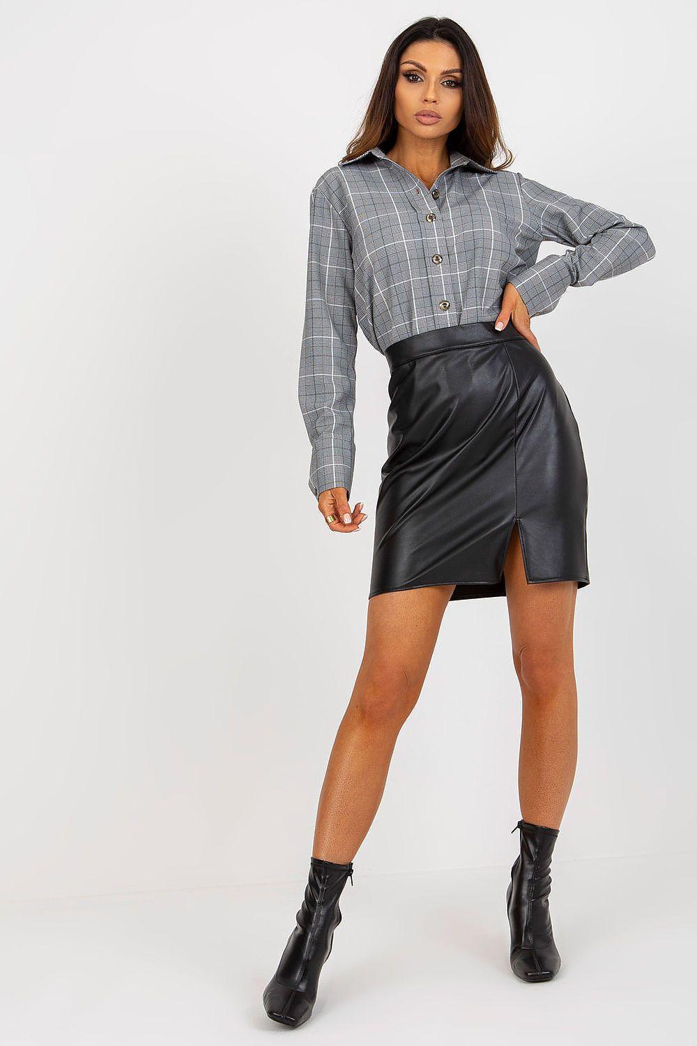 Black eco-leather mini skirt with front slit and side seam details