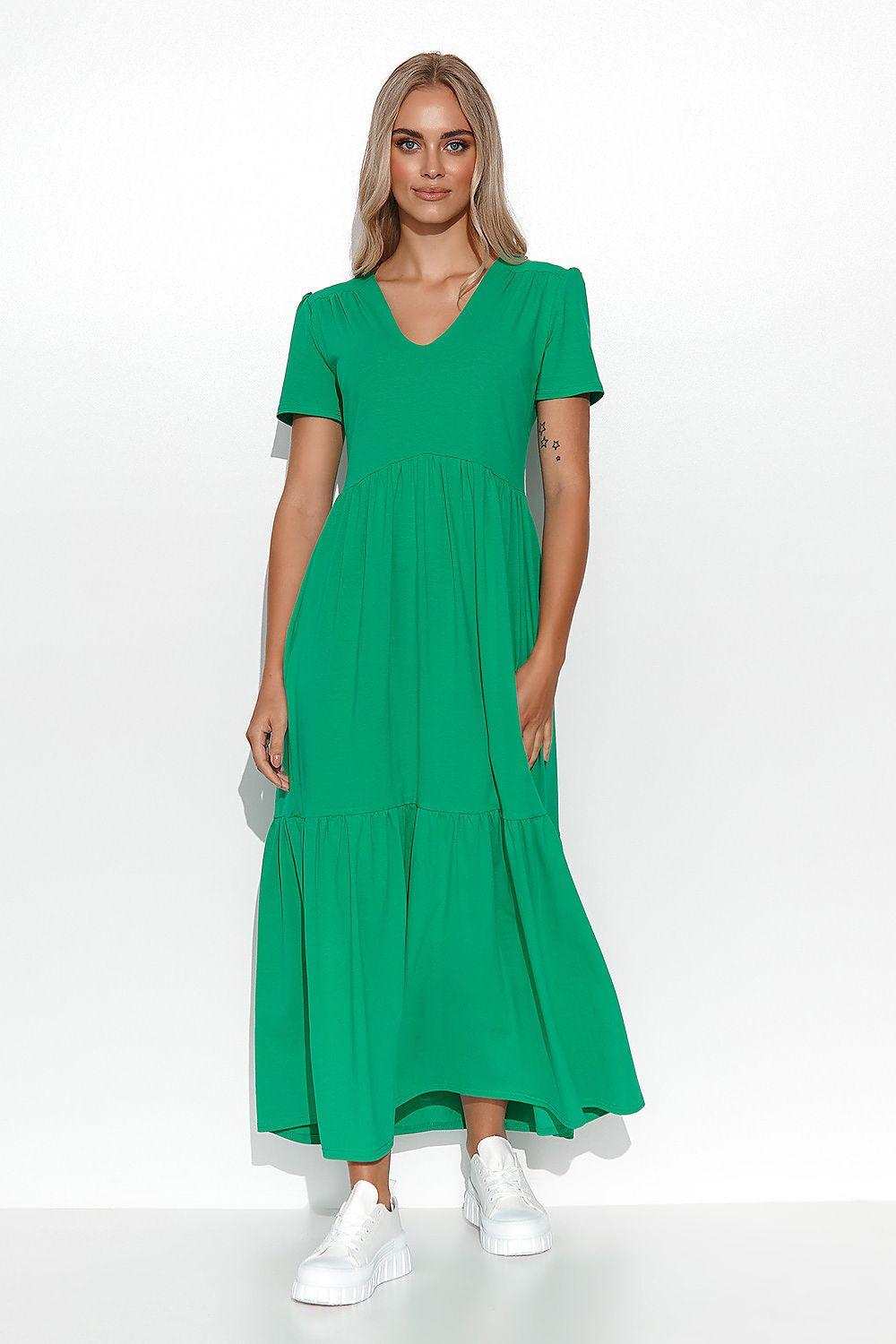 Makadamia daydress in green with V-neck, short sleeves, tiered midi skirt