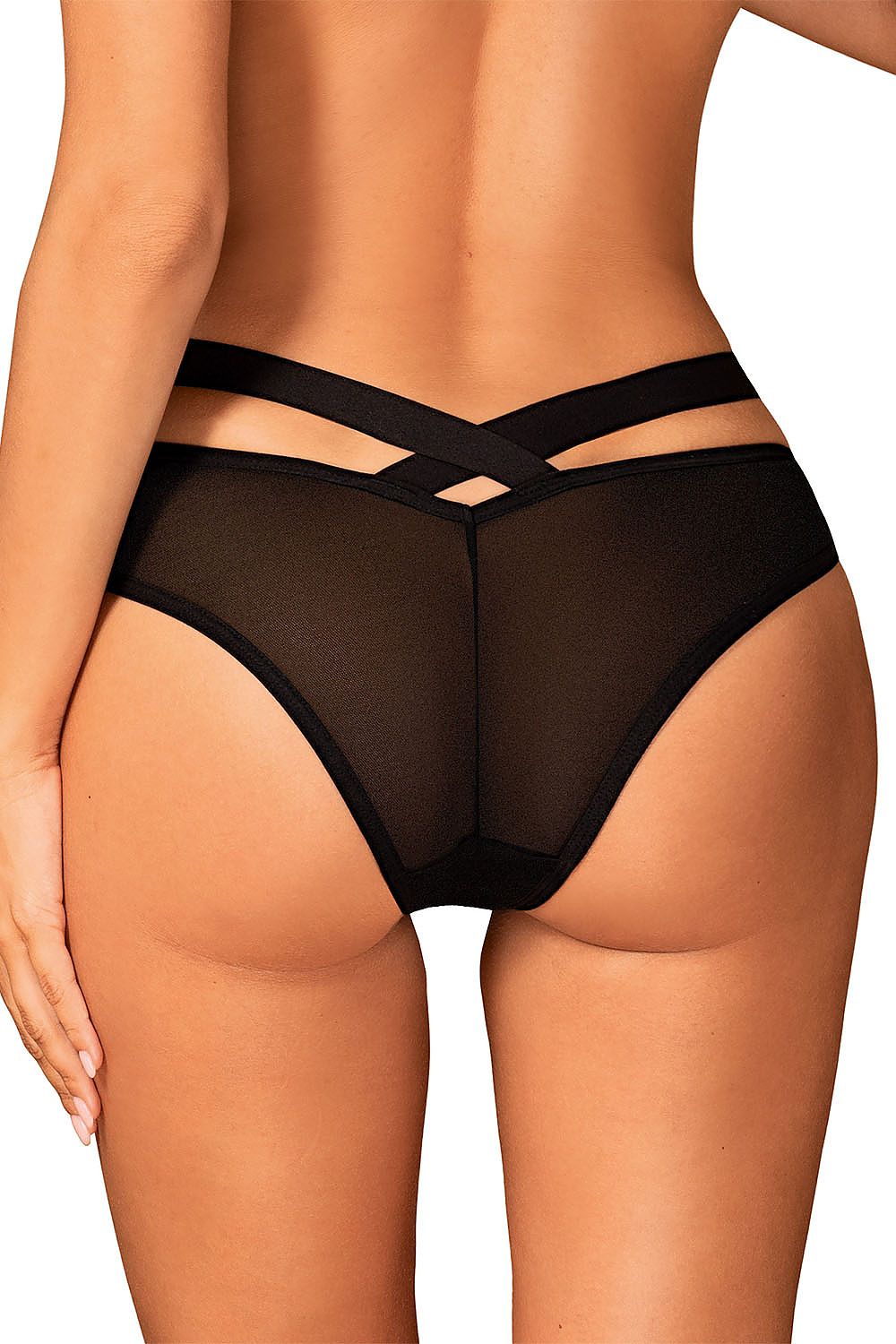 Black high-cut mesh panties with crisscross strap detail at waist