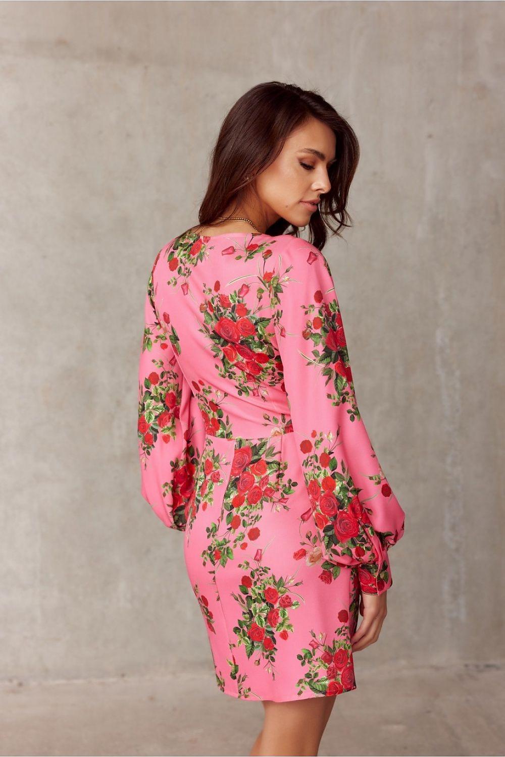 Pink floral cocktail dress, back view with V-neck and 3/4 balloon sleeves