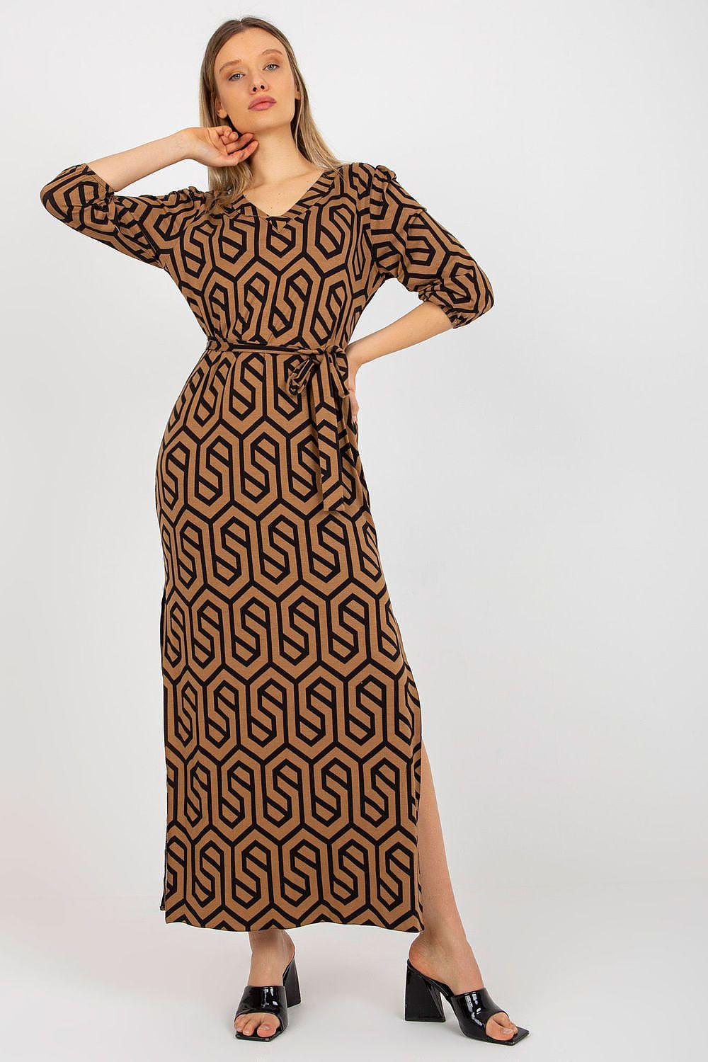 Brown geometric patterned daydress, V-neck, long sleeves, belted waist, midi length