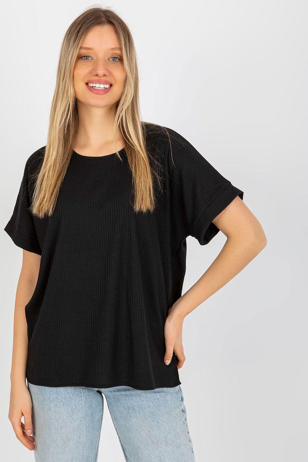 Lakerta ribbed blouse, black loose-fit top with short sleeves