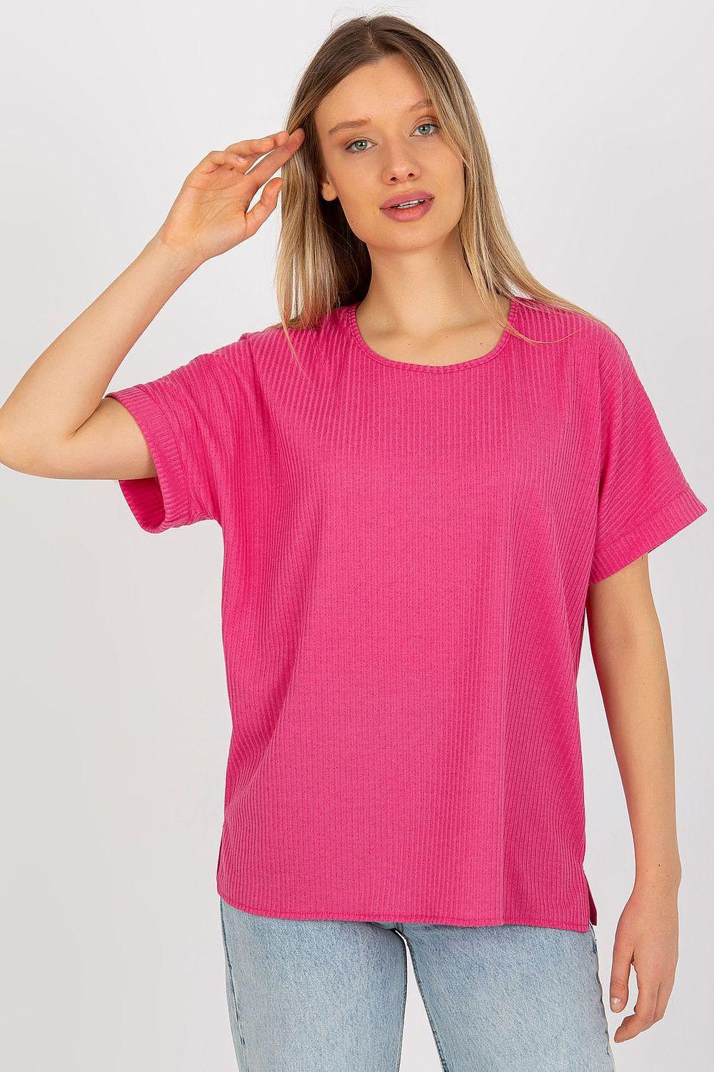 Pink short-sleeve blouse with crew neckline and relaxed fit