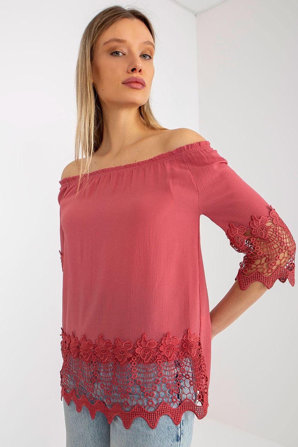 Pink off-shoulder blouse with lace sleeves and scalloped hem