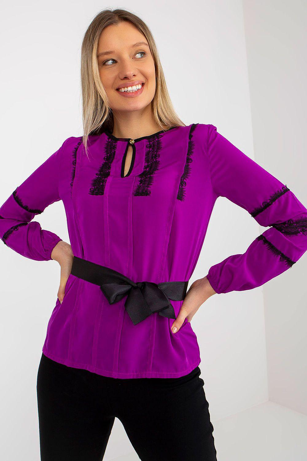 Violet blouse with black lace trim and tie belt, long sleeves