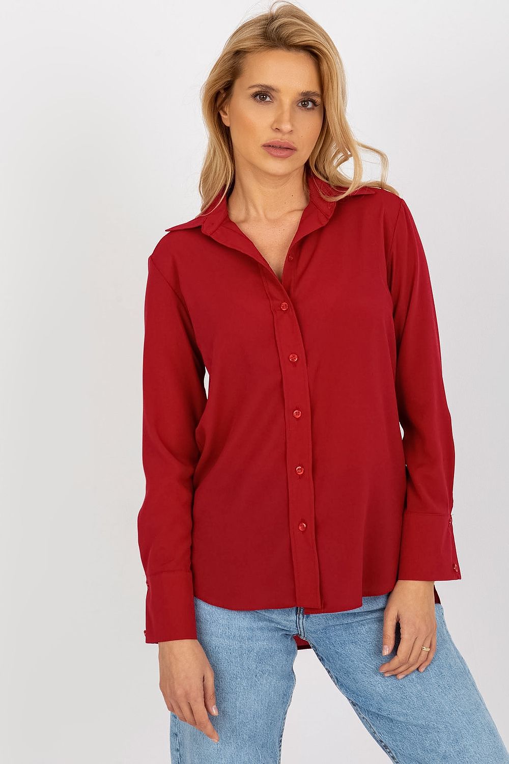 Women's long-sleeve button-up shirt in red with collar and front buttons