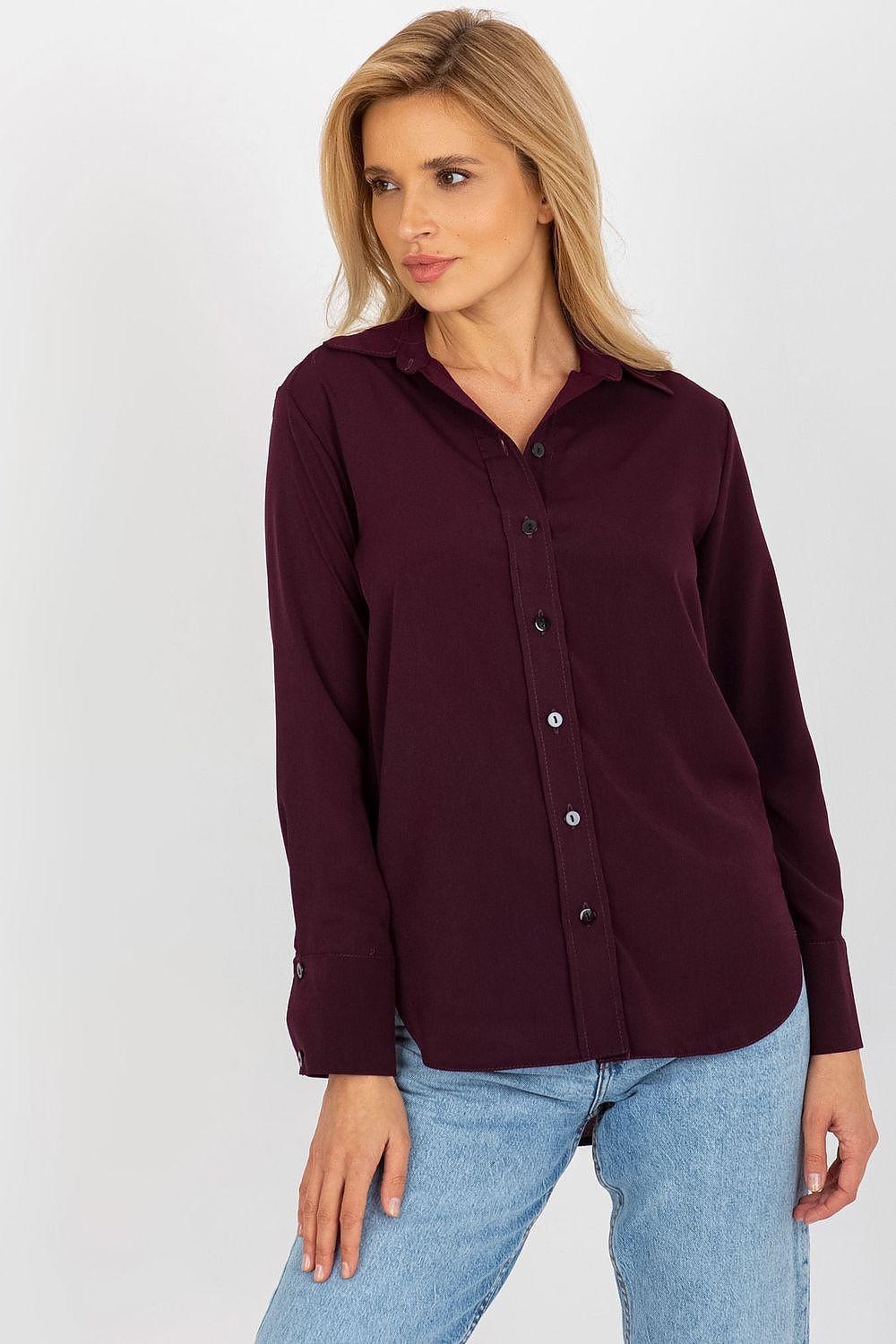 Violet long sleeve button-up shirt with collar and front buttons