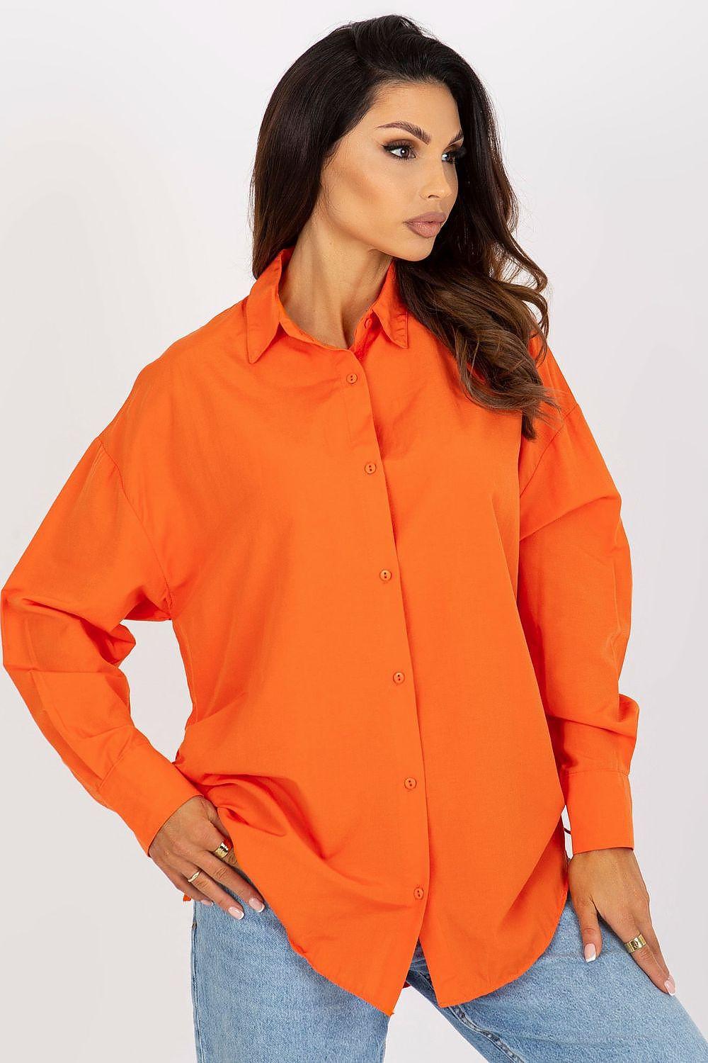 Orange long-sleeve button-up shirt with collar, cuffs, and curved hem