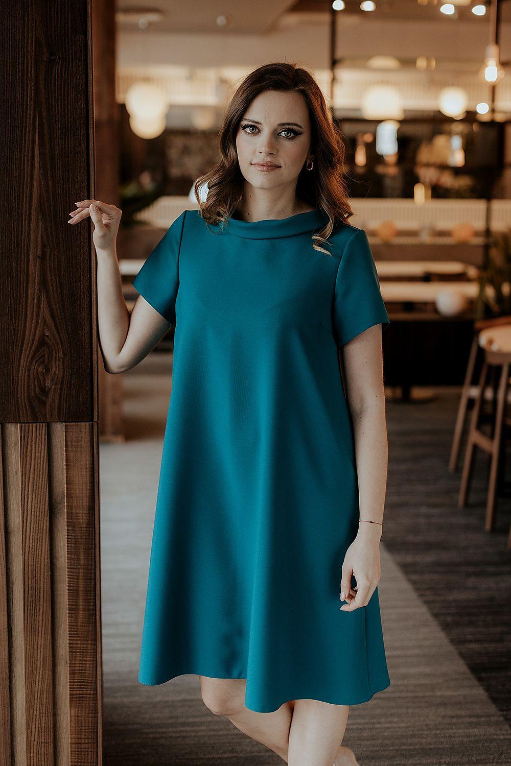 Tessita daydress in teal with short sleeves, crew neck, knee-length flare