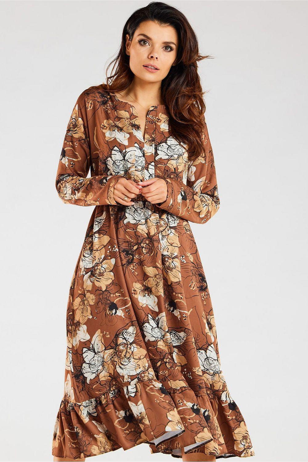 Awama daydress in brown with floral print, long sleeves, tiered ruffle hem
