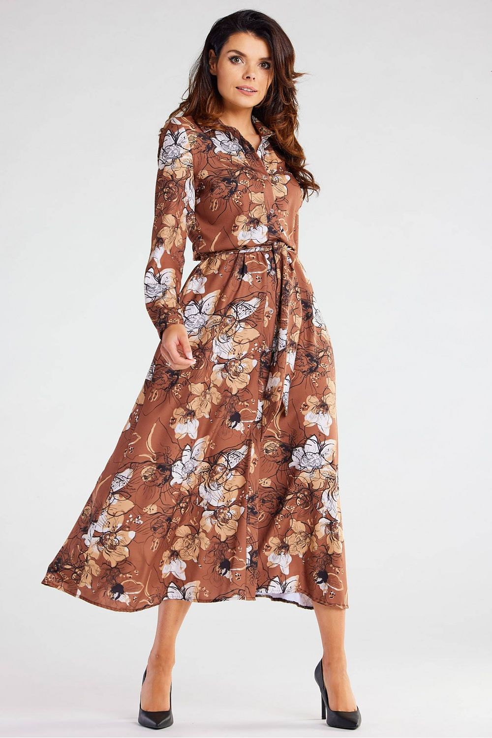 Awama brown floral daydress with long sleeves, collared neckline, and waist belt