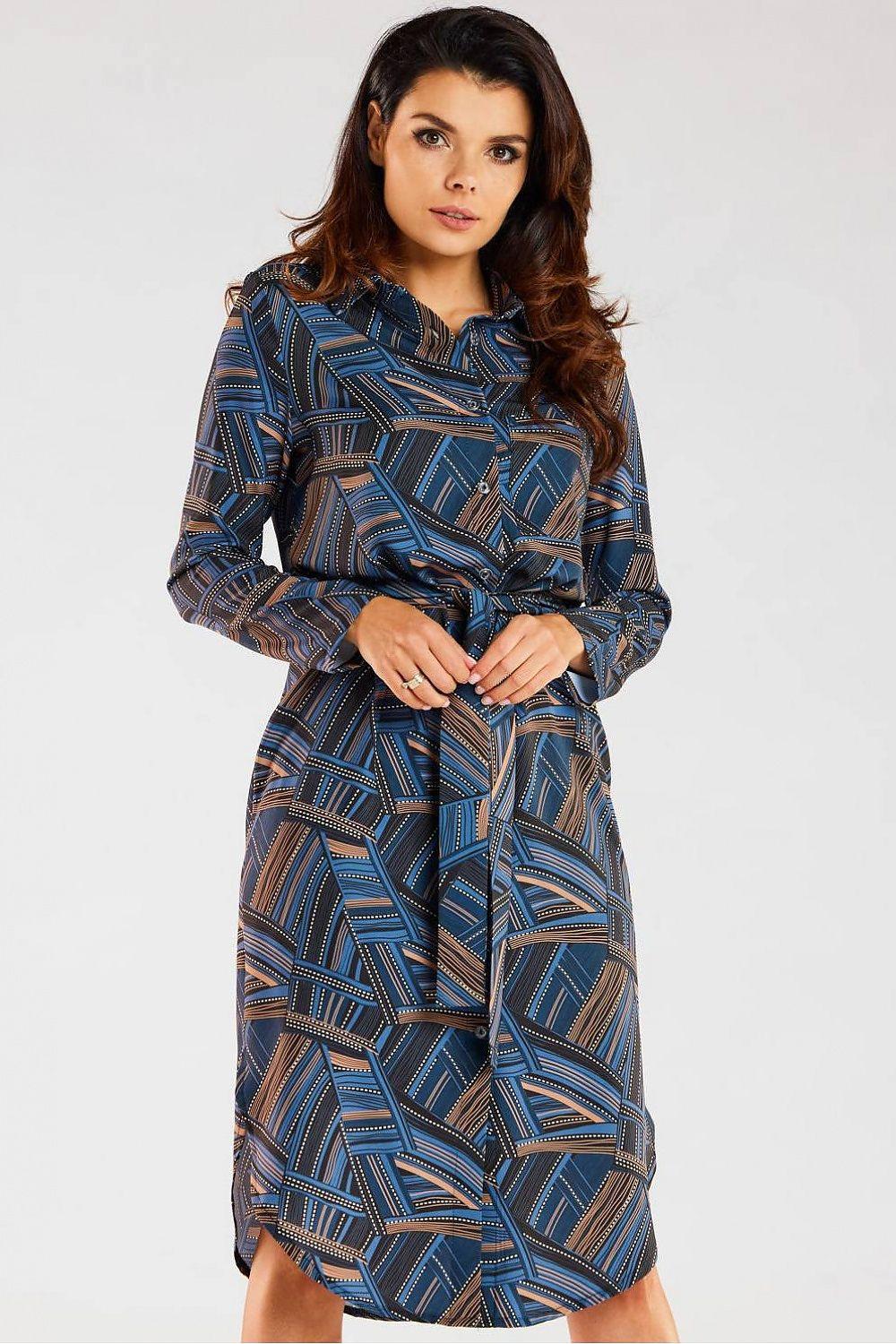 Navy blue geometric daydress by Awama, long sleeves, button front, midi length