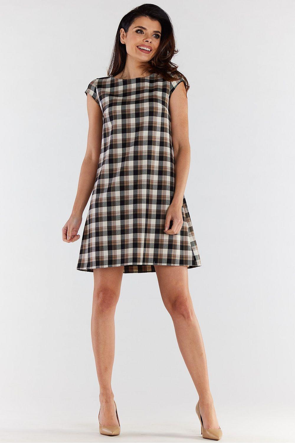 Awama daydress in brown check plaid, sleeveless A-line, above-knee length