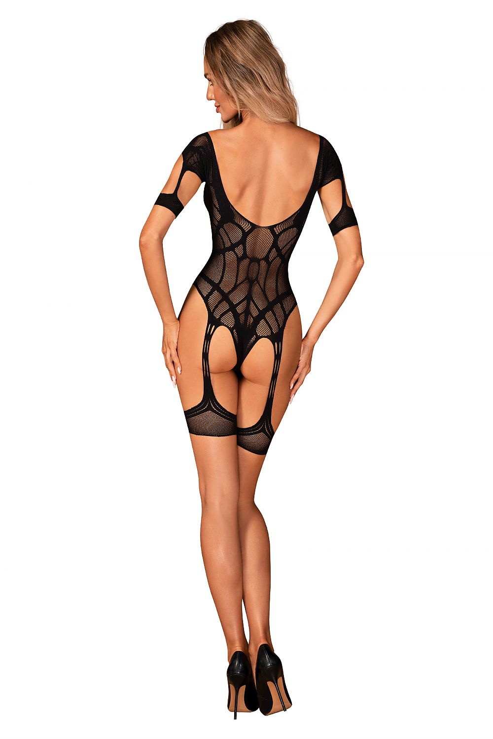 Black sheer mesh bodystocking with open back and lattice cutouts, short sleeves