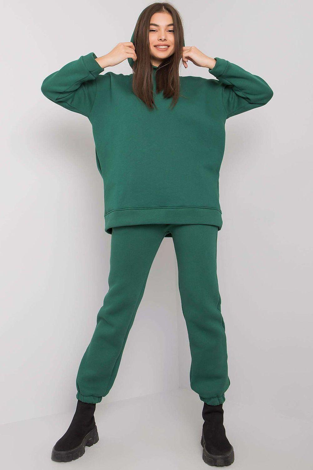 Green cotton sweatshirt and jogger set, hoodless pullover top with matching pants