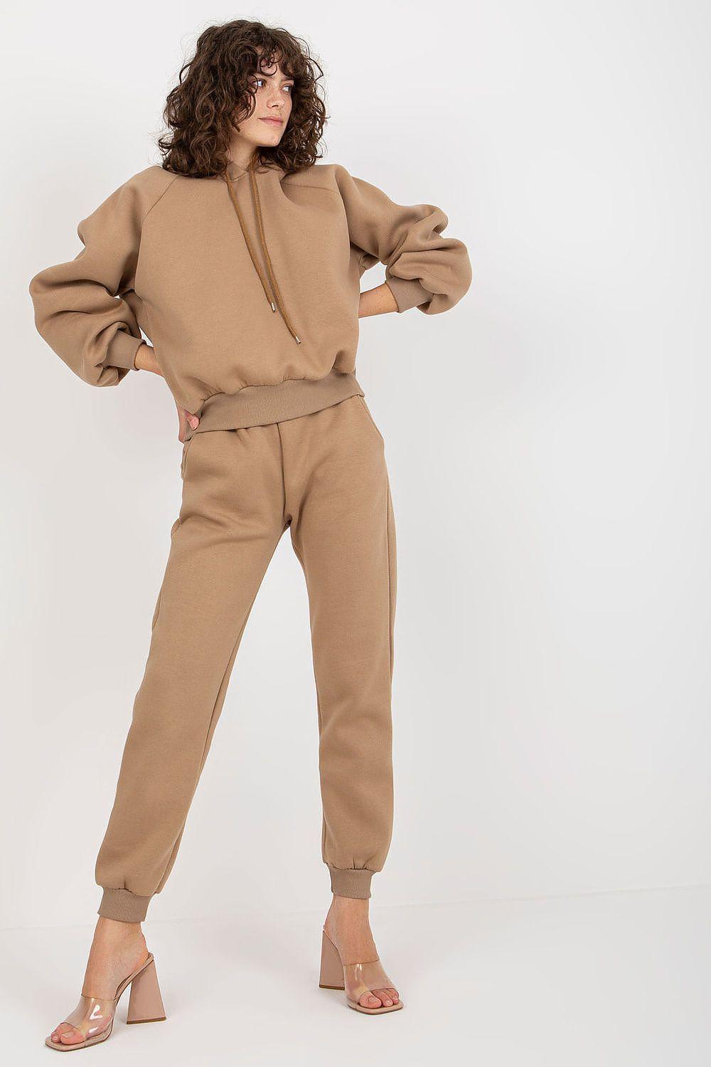 Beige cotton-blend sweatshirt set with hood and matching jogger pants, relaxed fit