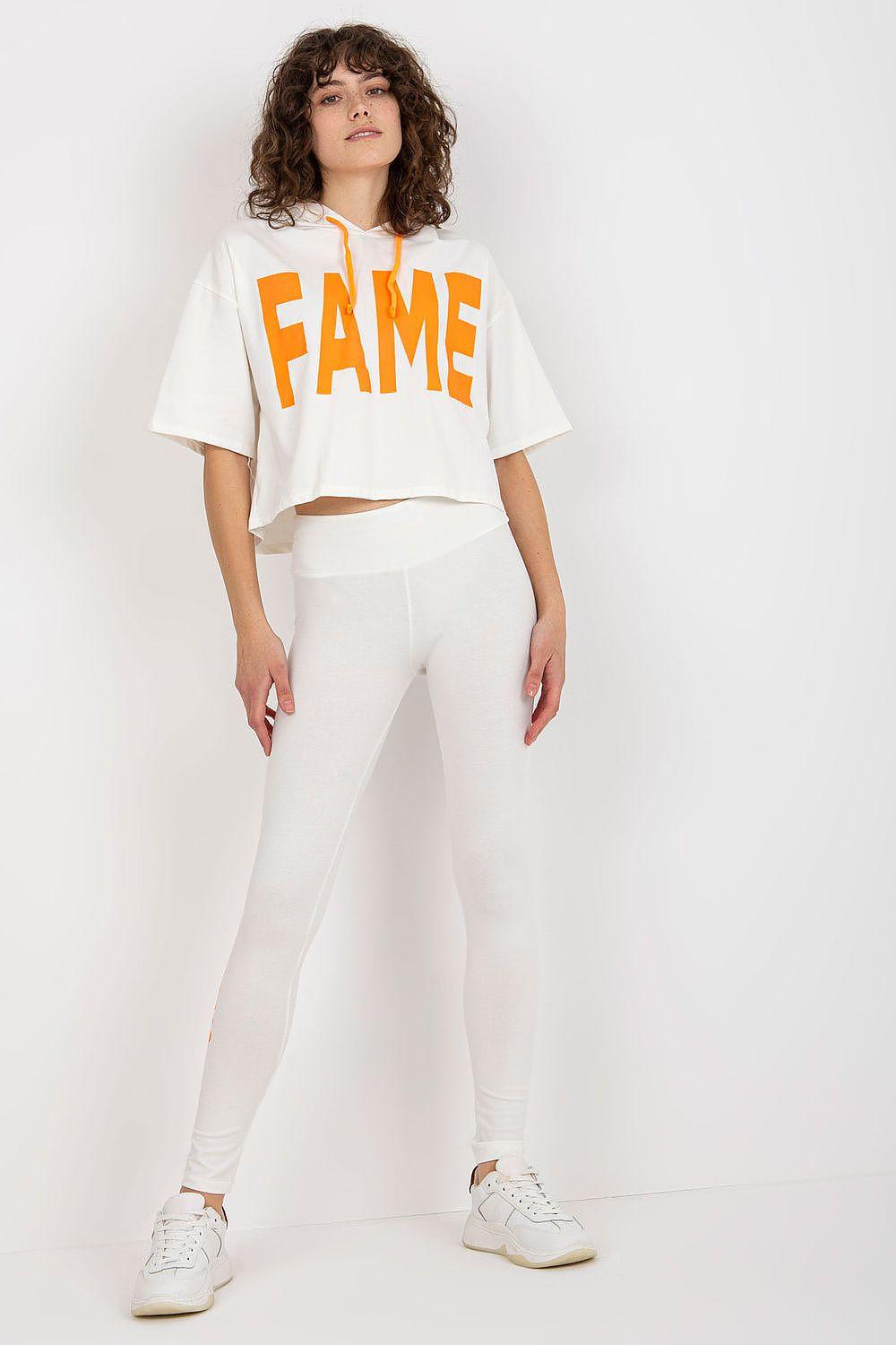 White graphic crop T-shirt and slim leggings set with orange 'FAME' print