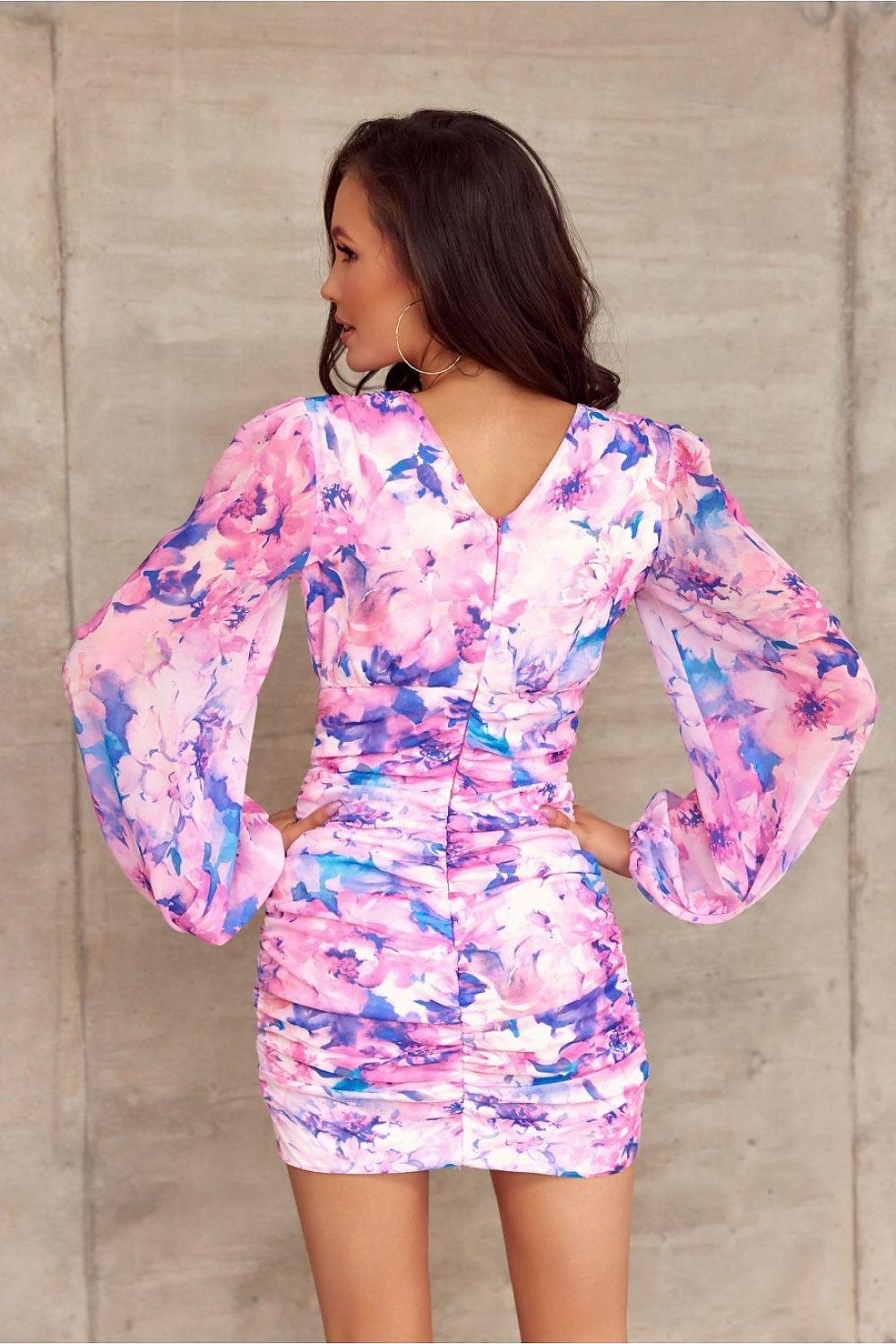 Floral ruched cocktail dress with V-back and long puff sleeves