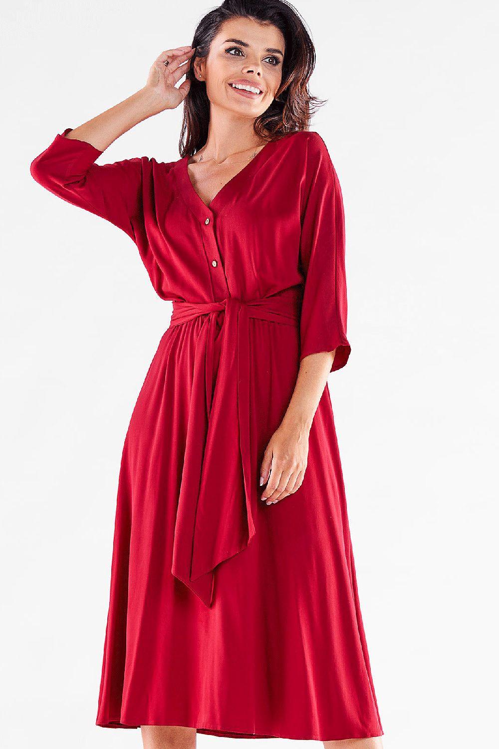 Red daydress with V-neck, button front, 3/4 sleeves, and tied waist detail