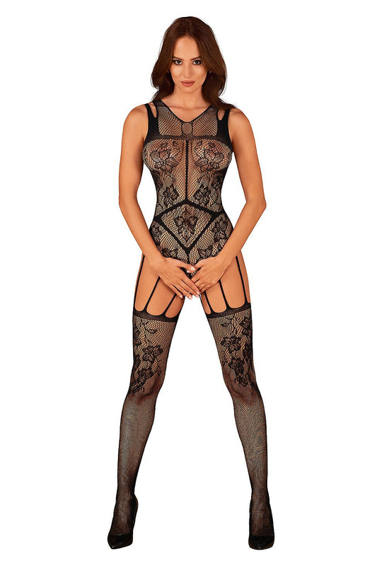 Black lace bodystocking with geometric pattern, sheer mesh, and cutout front.