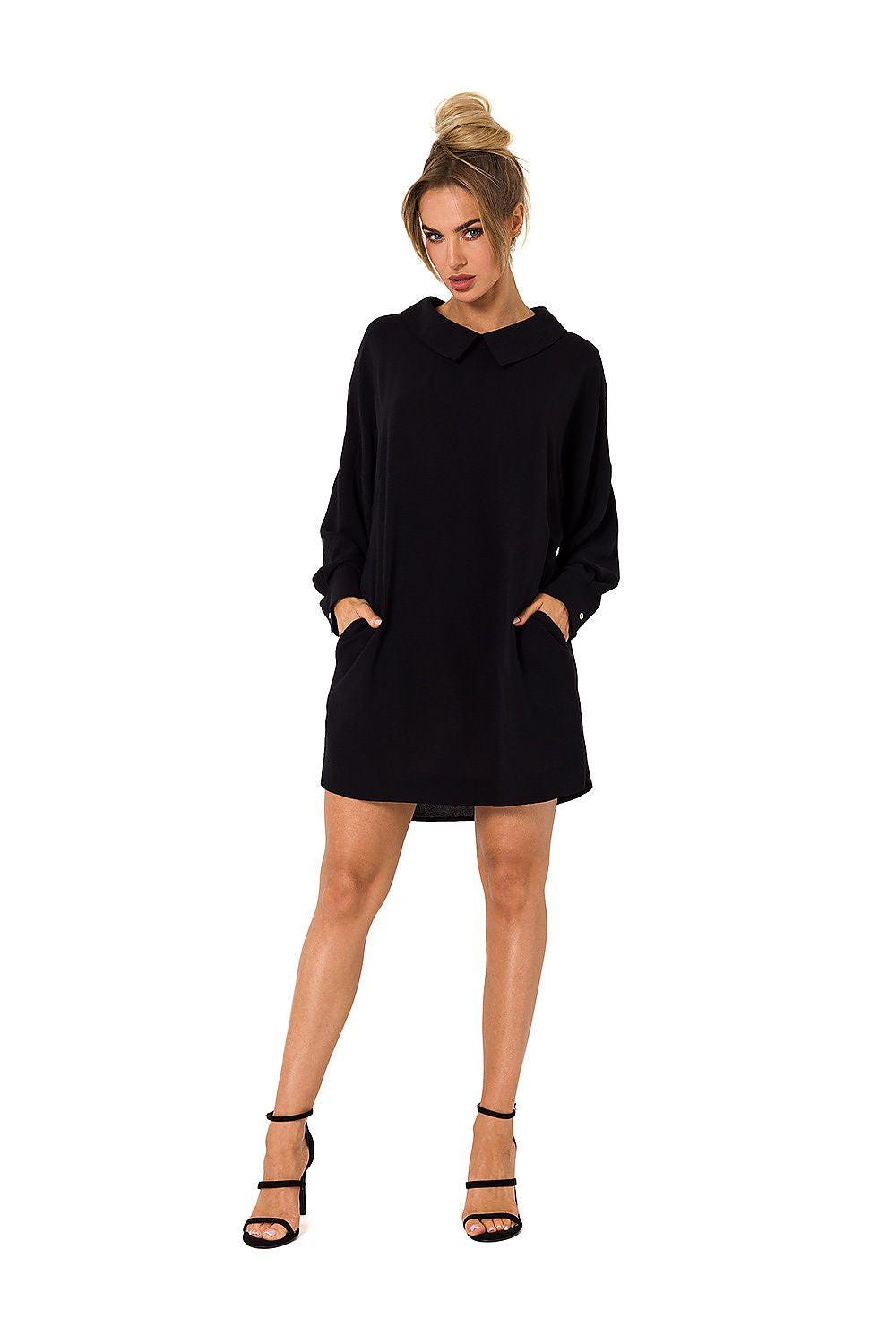 Black shirt-collar day dress with long sleeves and relaxed fit