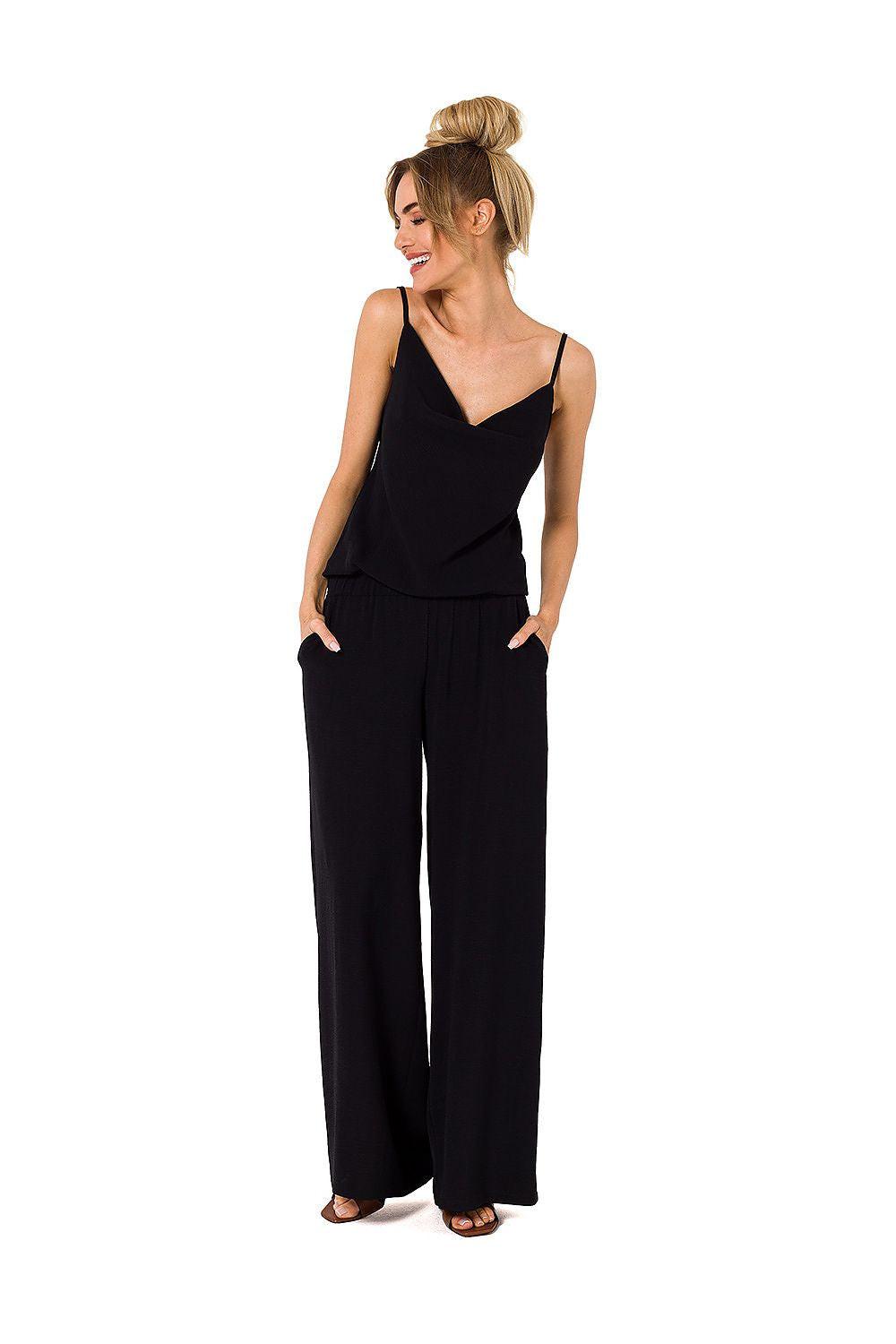 Black spaghetti-strap wide-leg jumpsuit with elastic waist