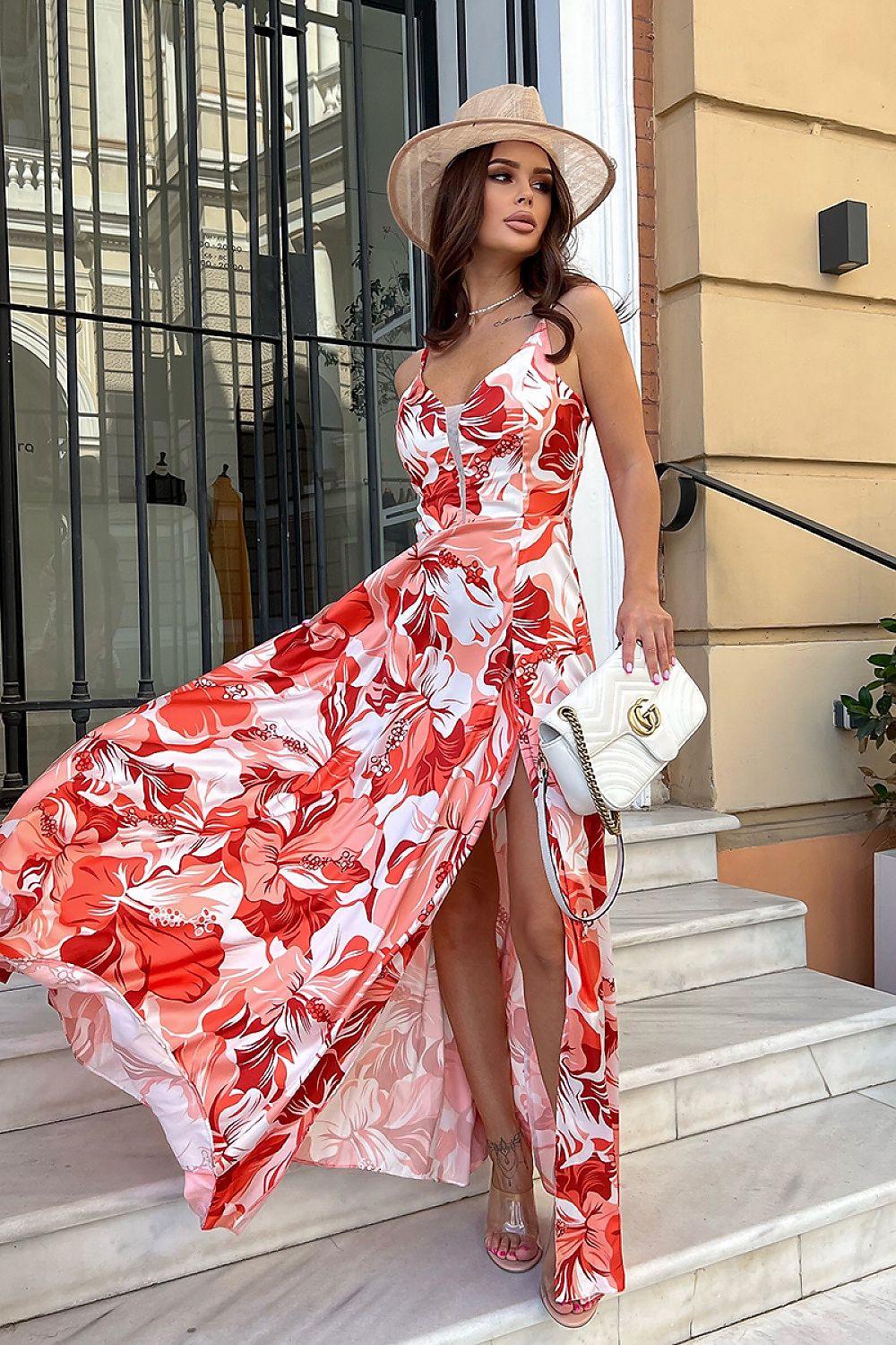 Floral maxi daydress with thin straps, square neckline, high side slit, red and white