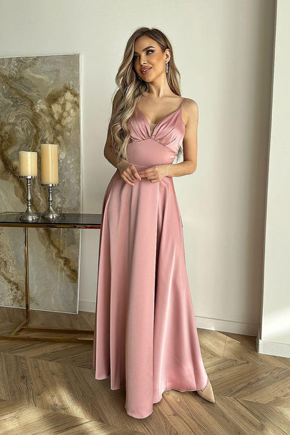 Pink satin evening dress with V-neck draped bodice and sleeveless A-line skirt