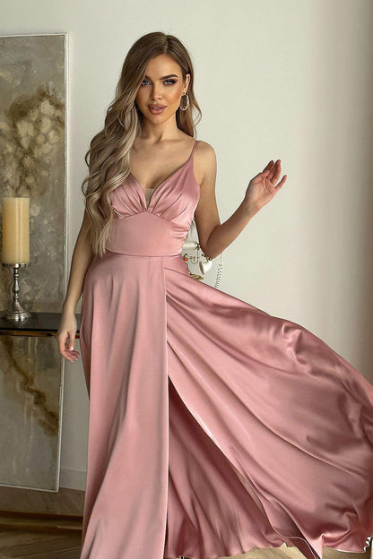 Pink satin evening dress, sleeveless V-neck with ruched waist and flowing skirt