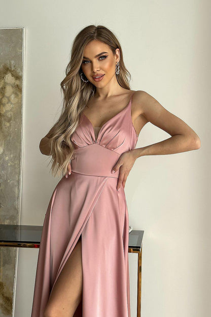 Pink satin evening dress with thin straps, V-neck bodice and fitted waist