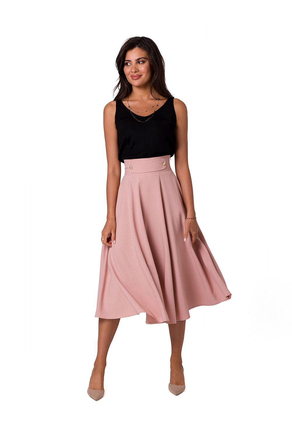 High-waist flared midi skirt in dusty pink with decorative buttons, pleated flare.