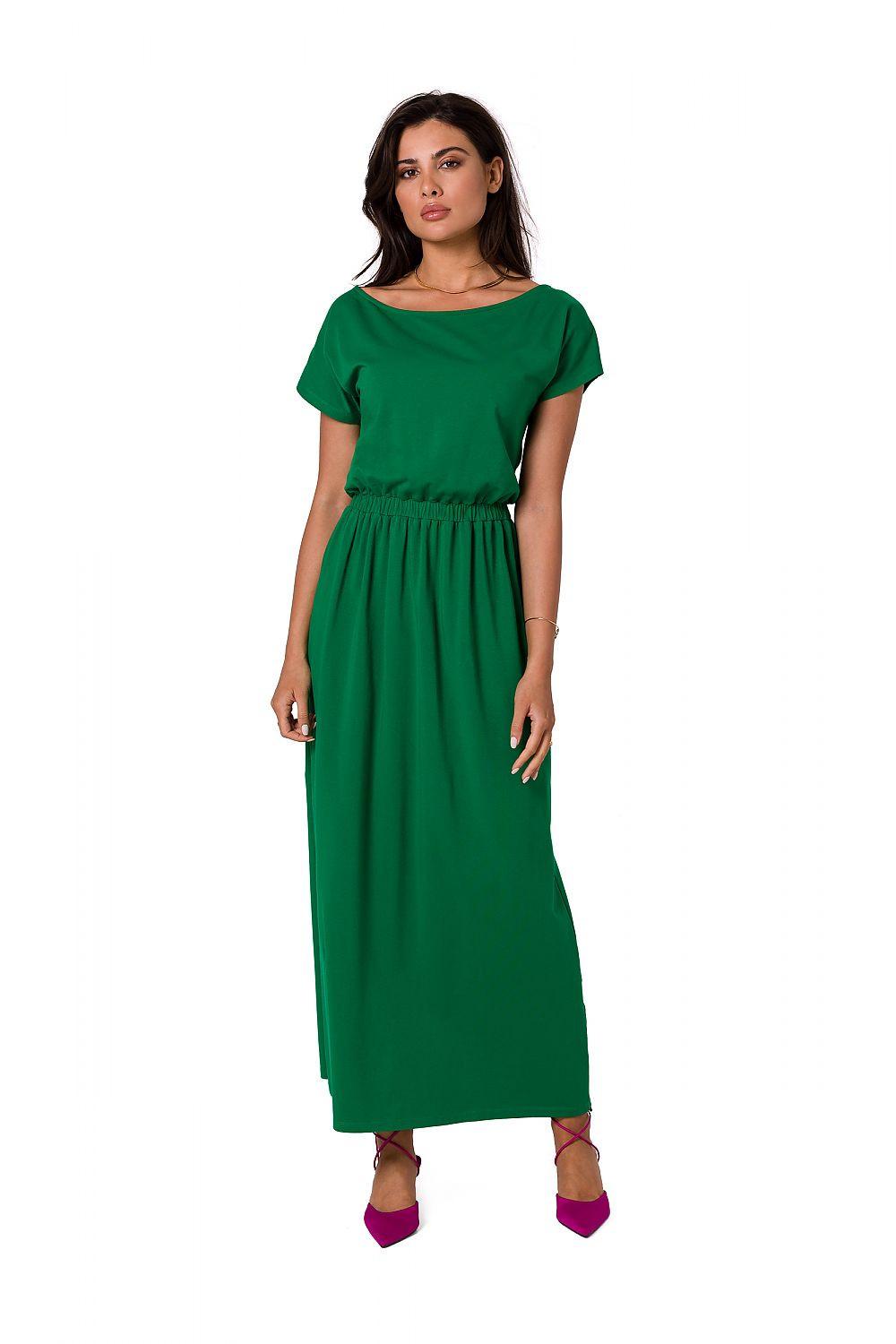 Green short-sleeve midi day dress with gathered waist