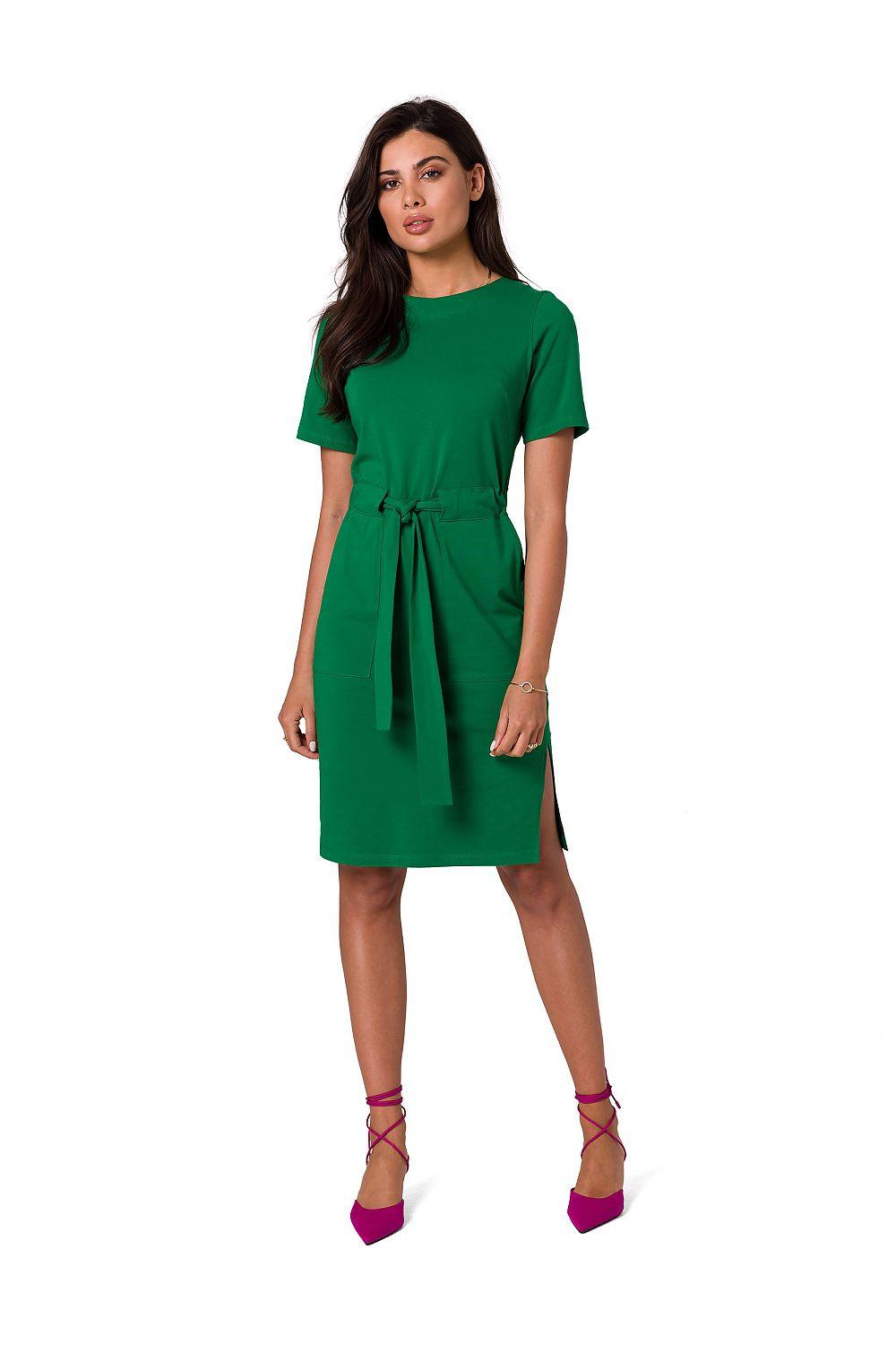 BeWear daydress in green, short sleeves, tied waist, side slit hem