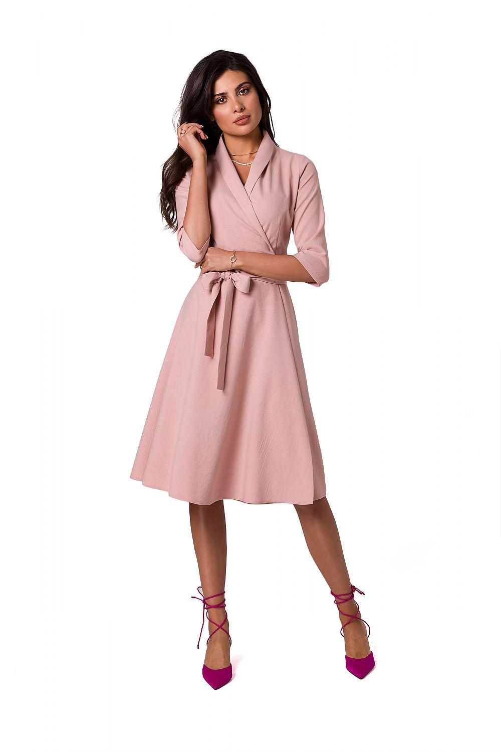 Pink wrap daydress with V-neck, 3/4 sleeves and waist tie belt, midi length