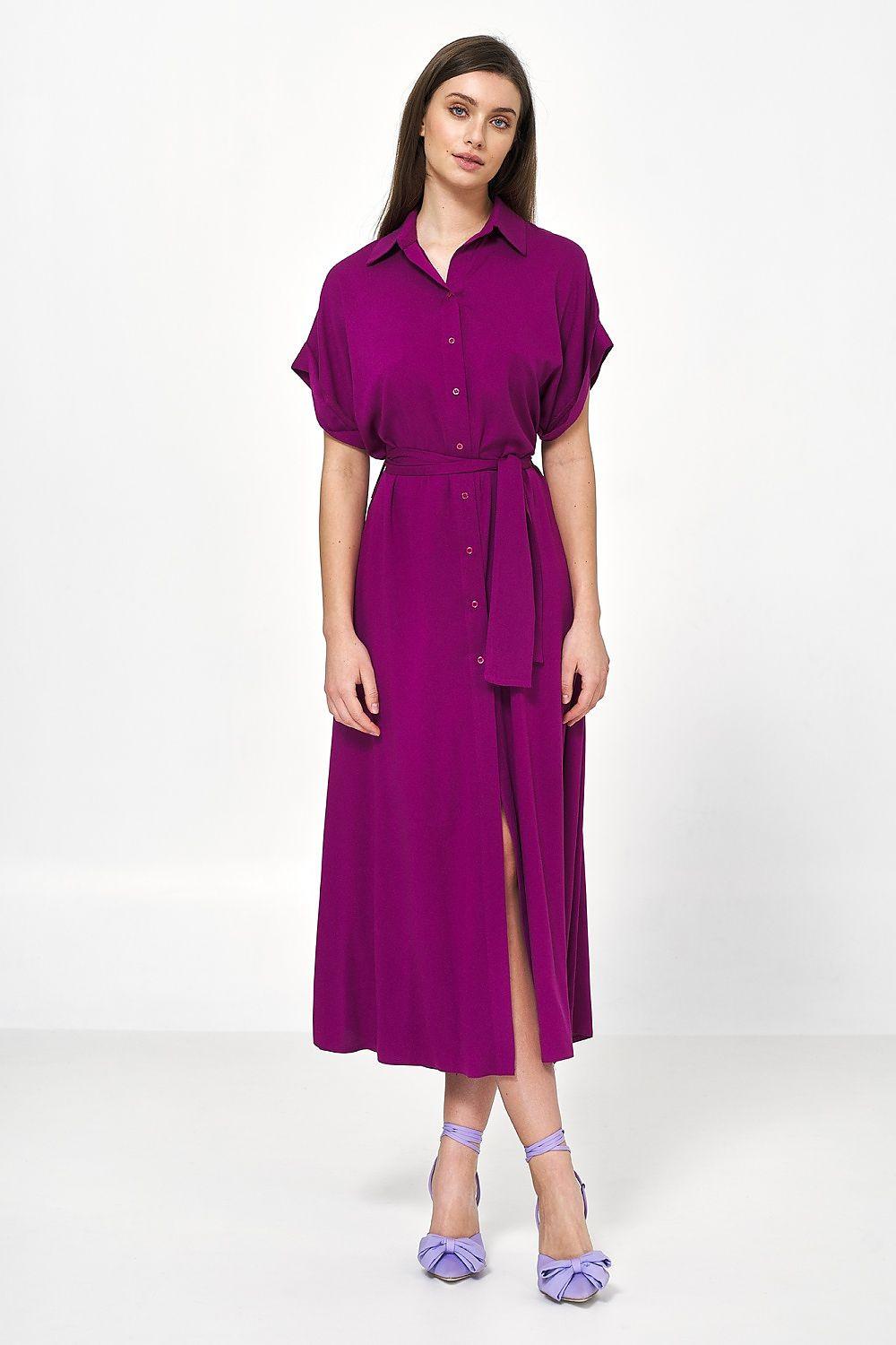Violet day dress with short sleeves, button-front, and waist tie belt