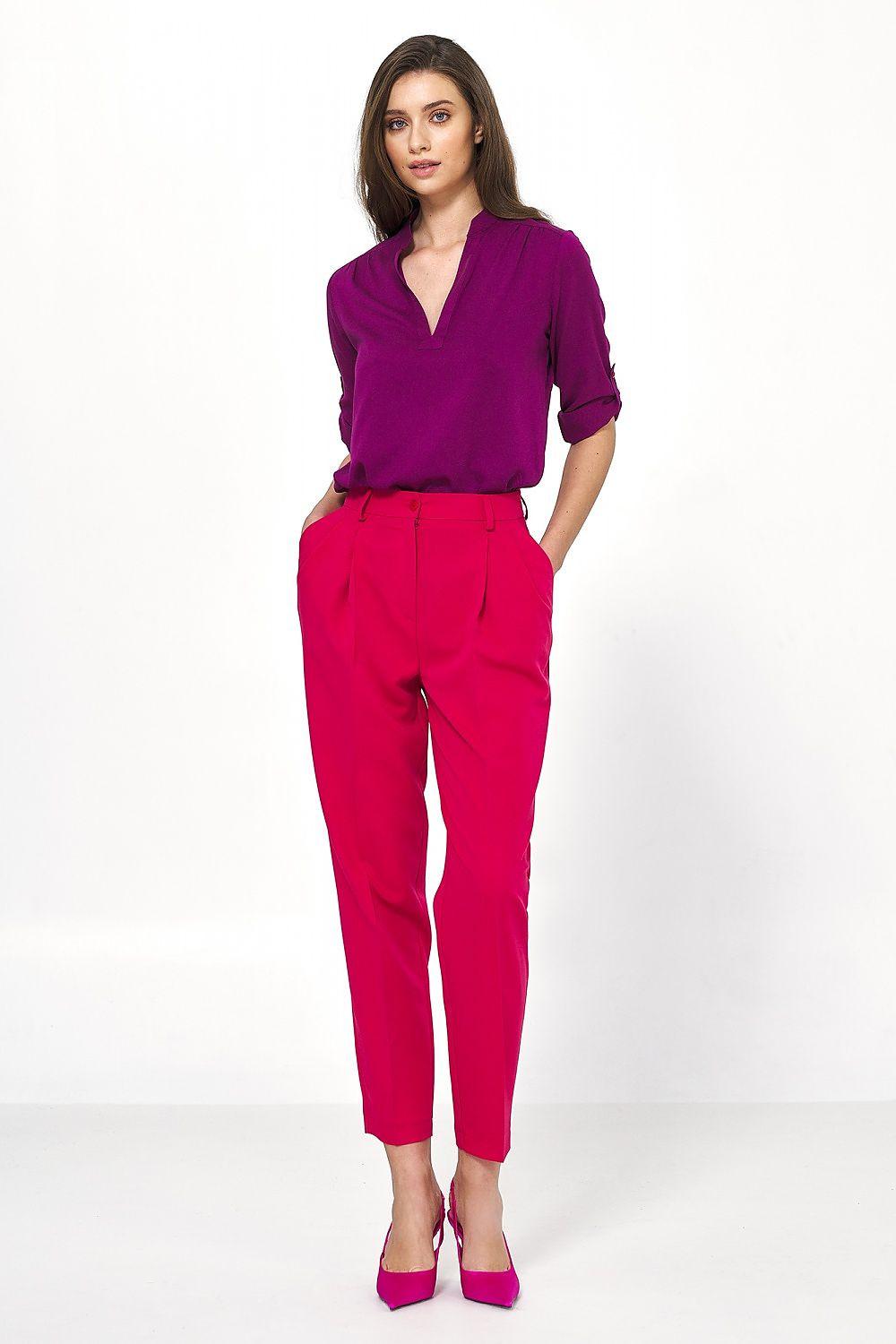 Women's pink trousers with high waist and ankle-length tapered leg