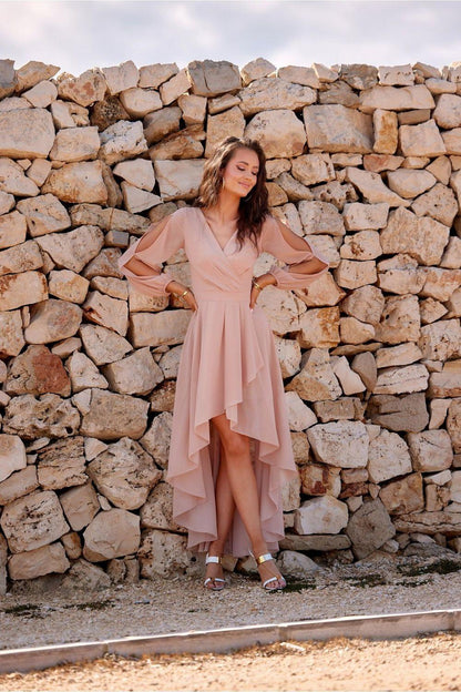 Beige cocktail dress with V-neck wrap, long sleeves, layered asymmetric skirt and slit