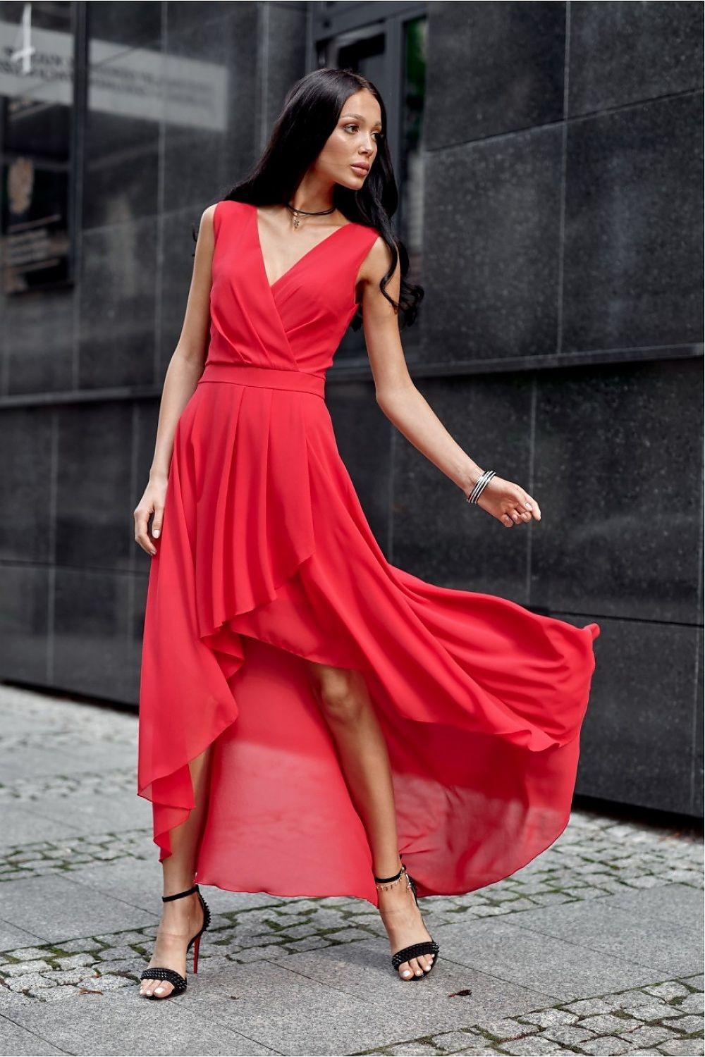 Red evening dress with V-neck wrap bodice and flowing asymmetrical skirt