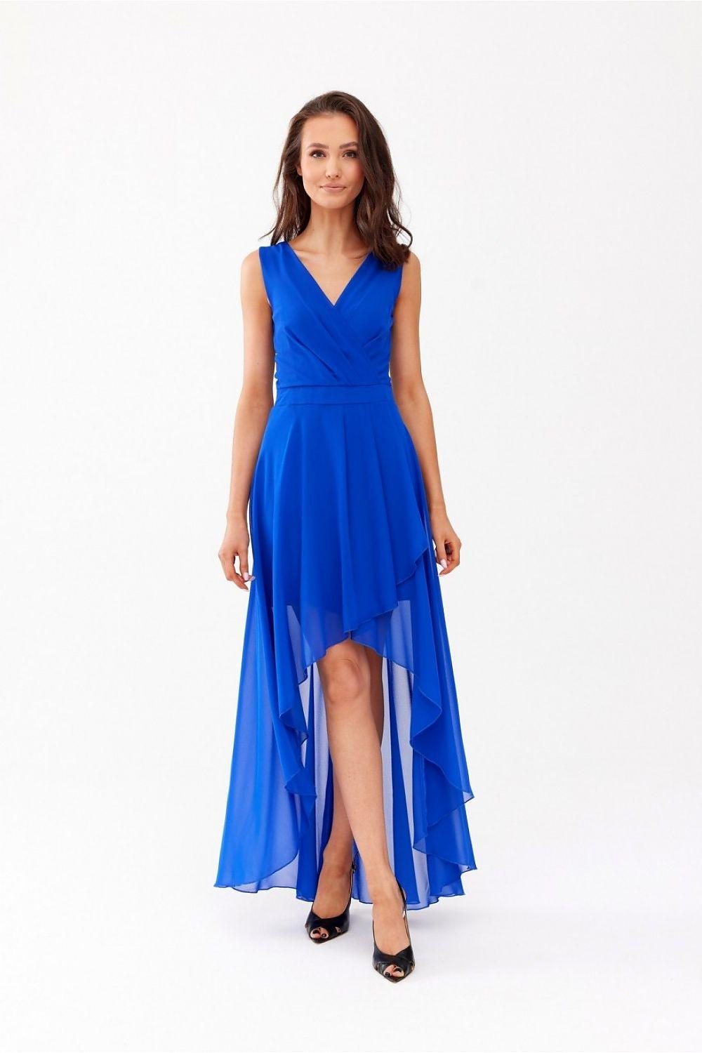 Blue evening dress with V-neck sleeveless bodice and tiered chiffon skirt